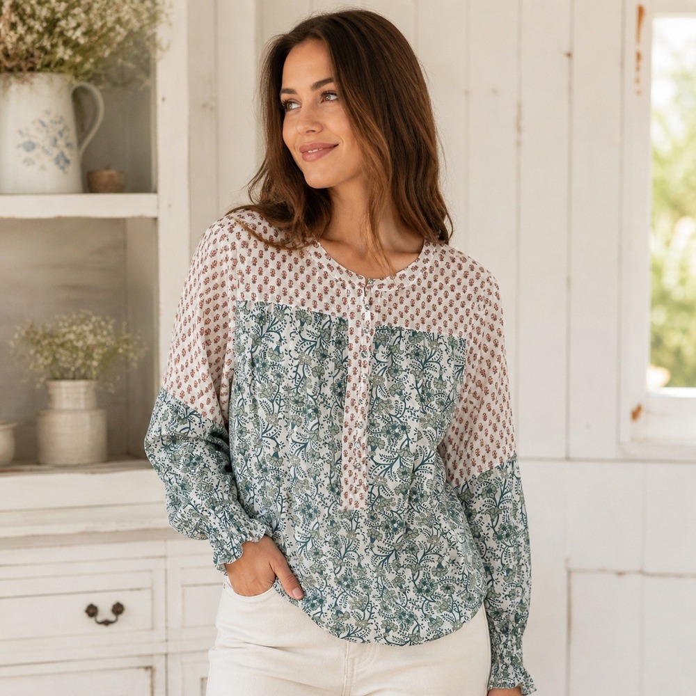 Sundance Floral Block Print Cotton Henley Blouse Women XS Boho Cottagecore